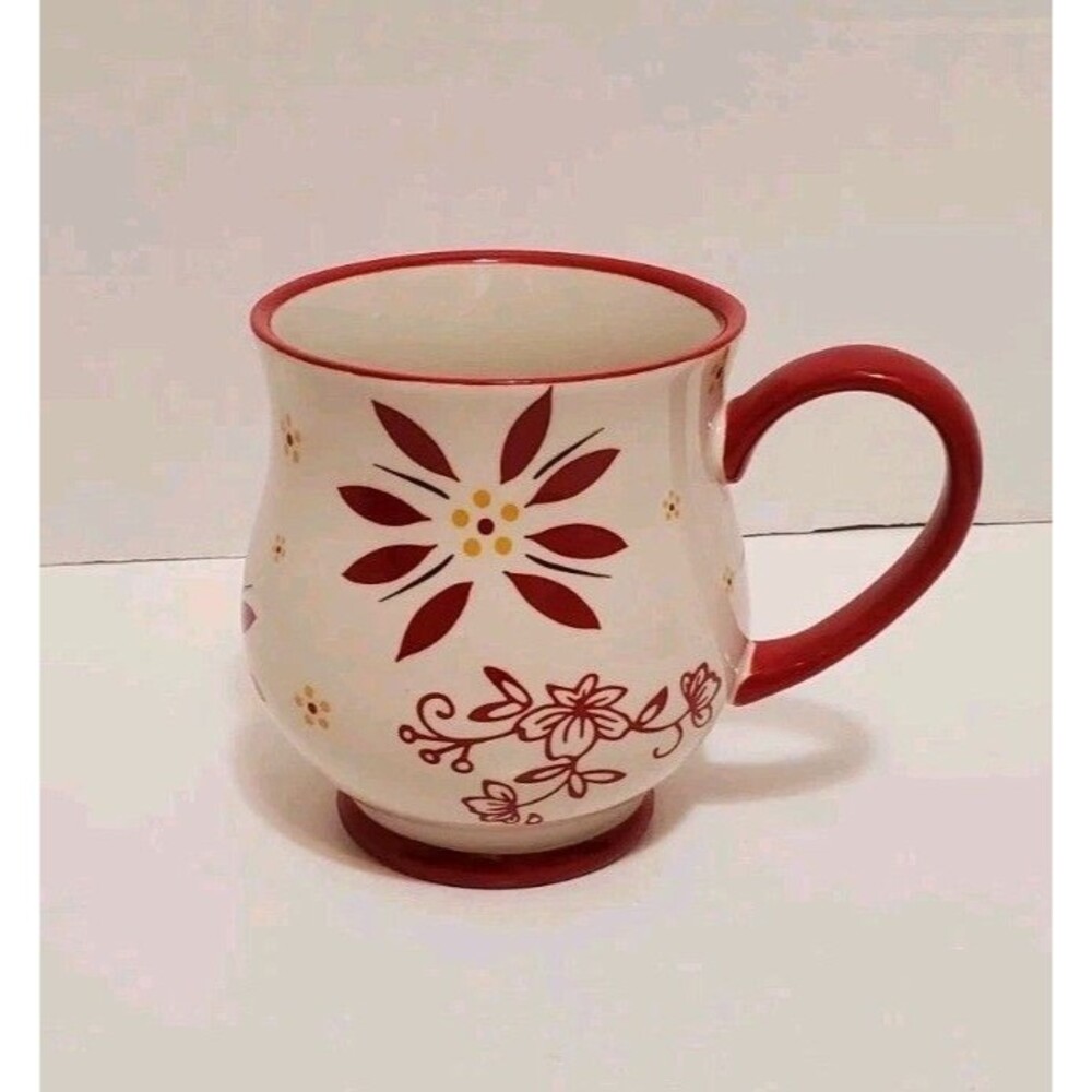 Temptations Tara Coffee Mug Old World Floral Lace Red Pattern Footed 16oz Vtg